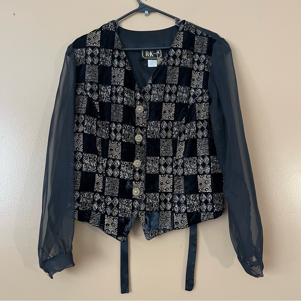 R&K Vintage Black and Silver Checkered Blouse sheer sleeves size large